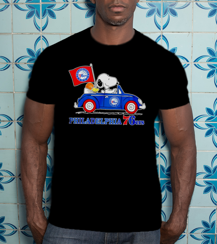 Philadelphia 76ers Snoopy Driving Car With Basketball And Flag T-Shirt