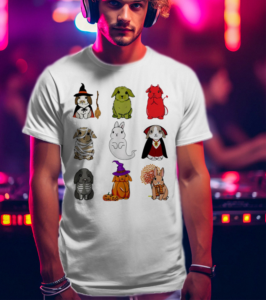 Bunny Witch Mummy Ghost Vampire Skeleton Pumpkin Bat Cute Halloween T-Shirt