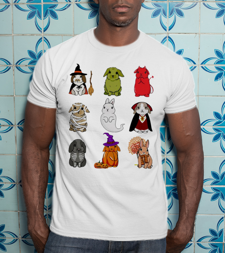 Bunny Witch Mummy Ghost Vampire Skeleton Pumpkin Bat Cute Halloween T-Shirt