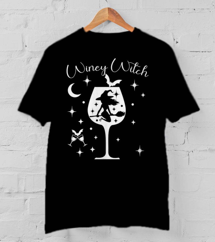 Winey Witch Halloween Moon Stars Broom Bat T-Shirt