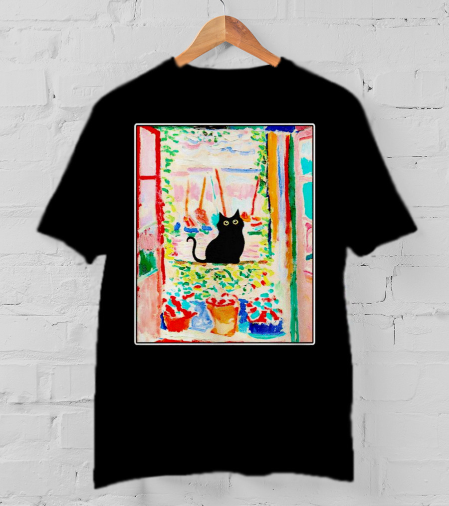 Black Cat In Vibrant Open Window Scene With Colorful T-Shirt