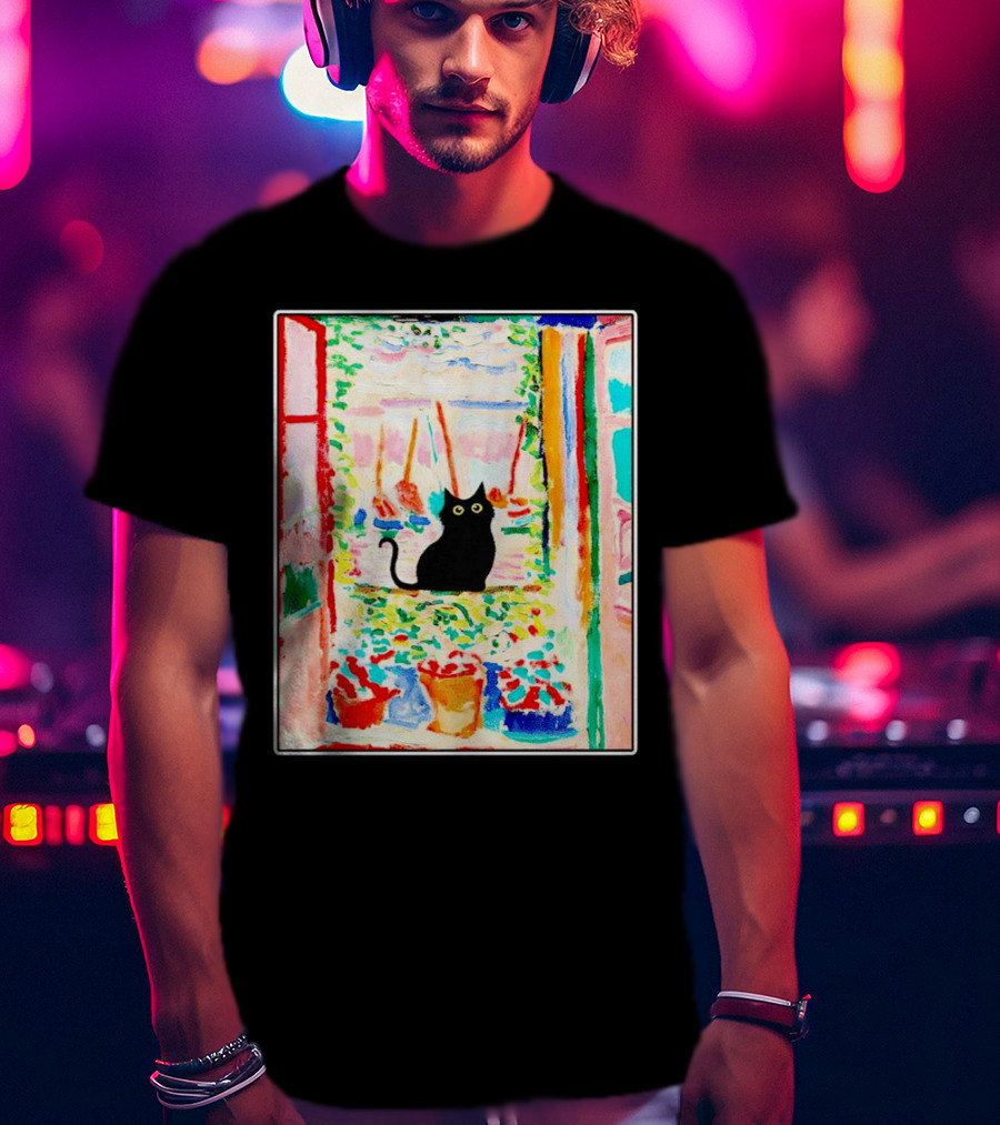 Black Cat In Vibrant Open Window Scene With Colorful T-Shirt