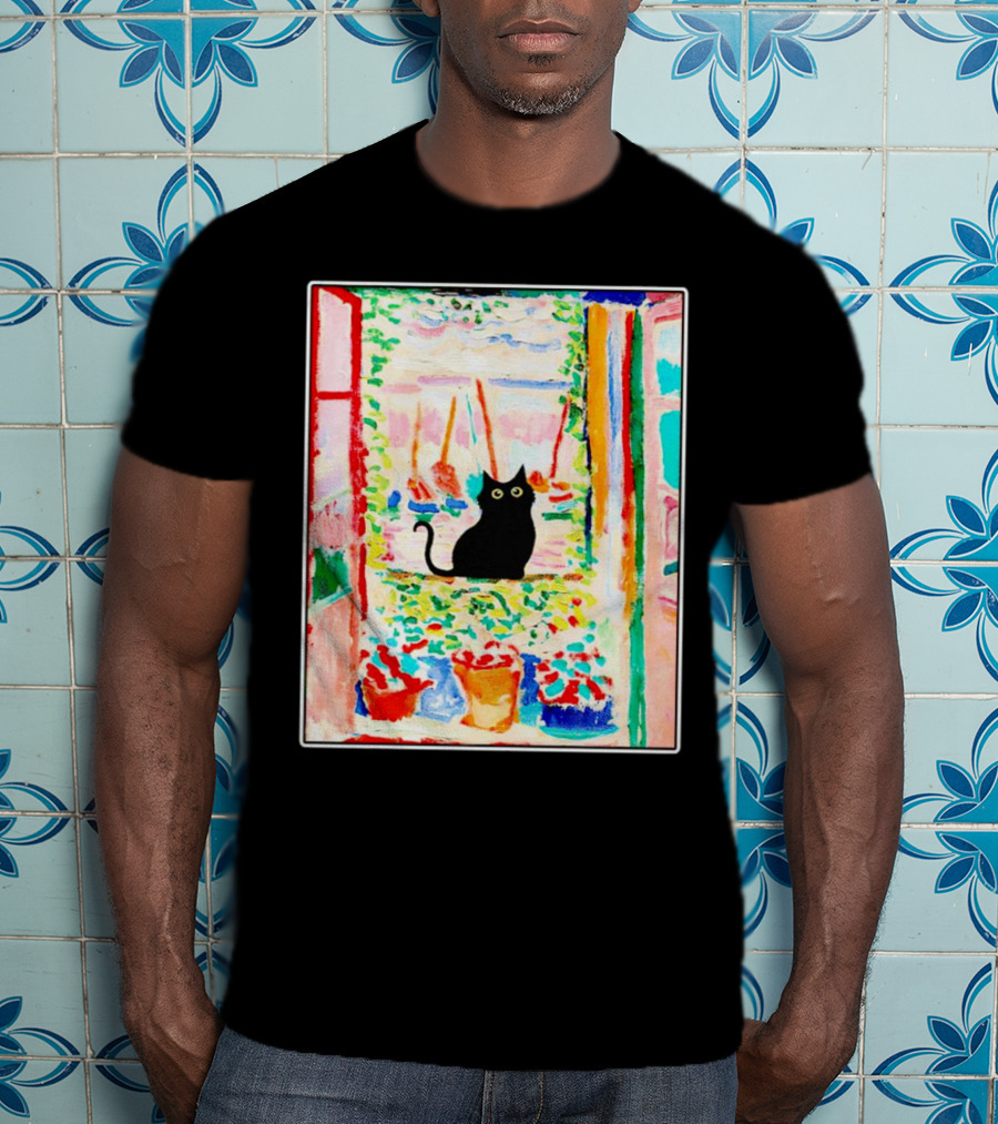 Black Cat In Vibrant Open Window Scene With Colorful T-Shirt