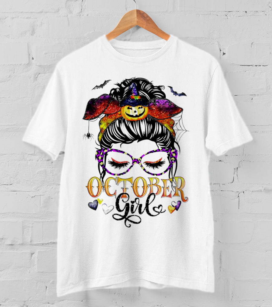 Messy Bun Pumpkin Witch Hat Spider Bats Glasses October Girl Halloween T-Shirt