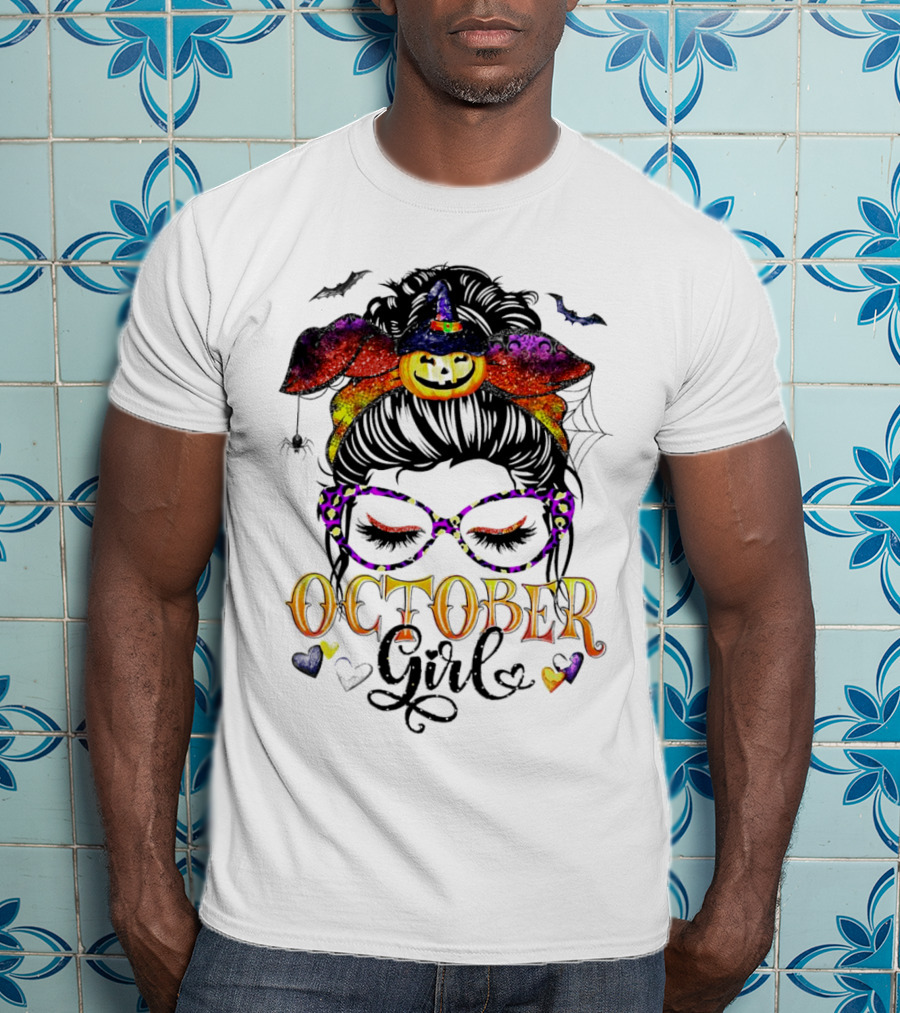 Messy Bun Pumpkin Witch Hat Spider Bats Glasses October Girl Halloween T-Shirt