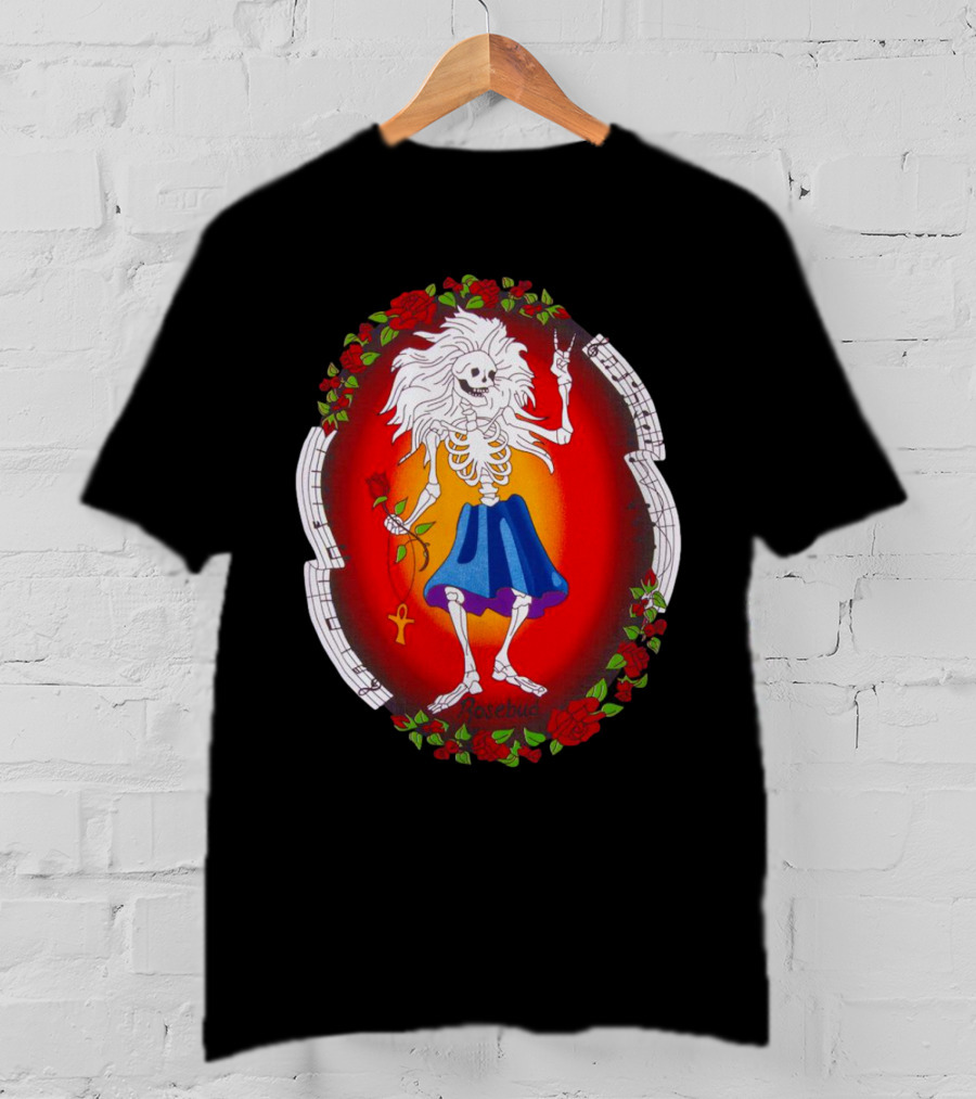 Skeleton Holding Rose With Ankh Surrounded By Roses Halloween Rosebud T-Shirt