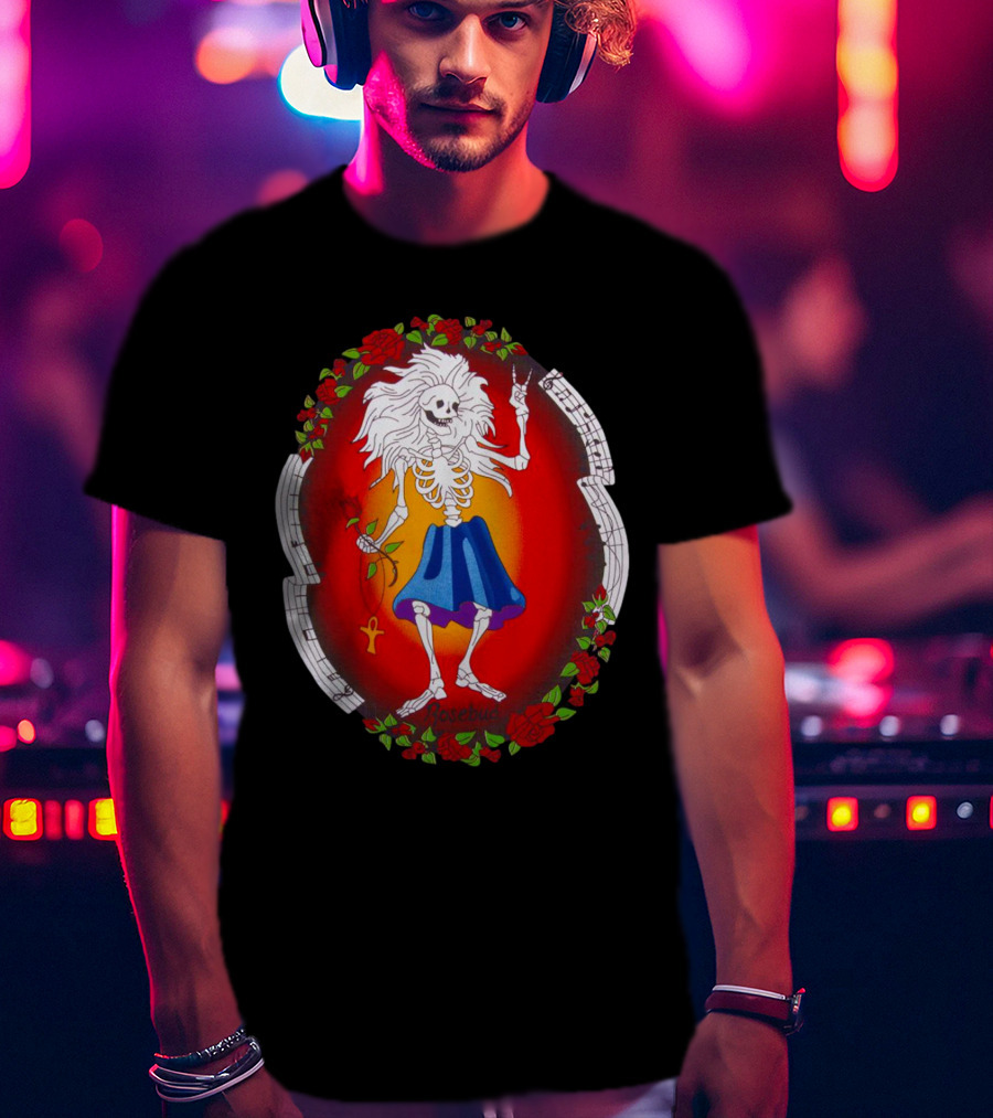 Skeleton Holding Rose With Ankh Surrounded By Roses Halloween Rosebud T-Shirt