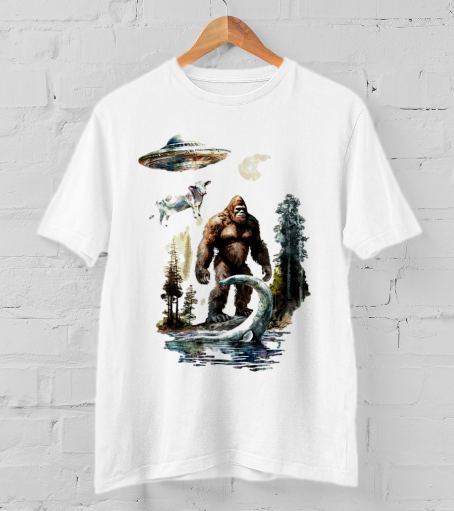 UFO Bigfoot Sasquatch Loch Ness Monster Alien Forest Scene T-Shirt