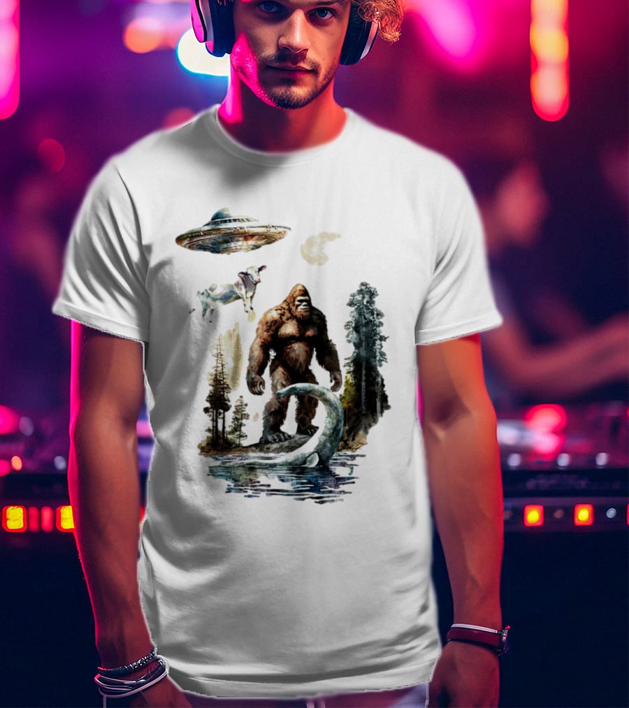 UFO Bigfoot Sasquatch Loch Ness Monster Alien Forest Scene T-Shirt