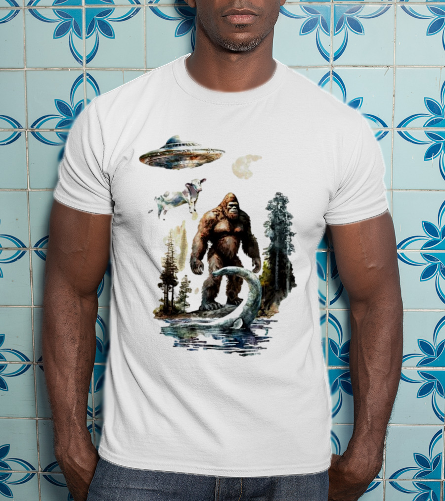 UFO Bigfoot Sasquatch Loch Ness Monster Alien Forest Scene T-Shirt