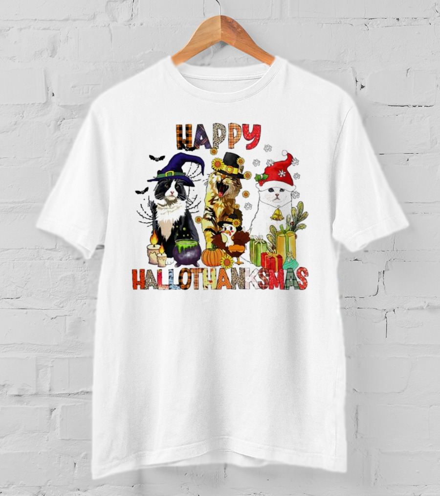 Happy Hallothanksmas Cats In Witch, Pilgrim, And Santa Hats With Pumpkins Presents And Cauldron T-Shirt