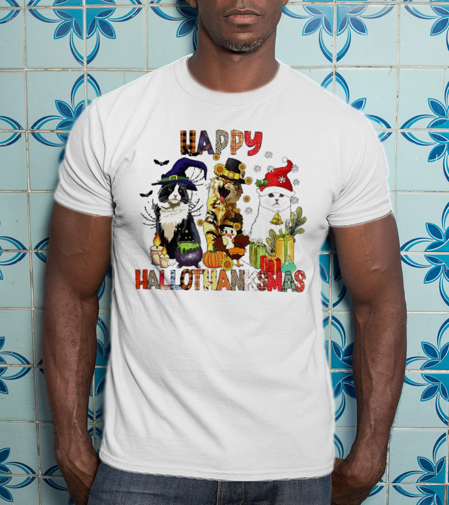 Happy Hallothanksmas Cats In Witch, Pilgrim, And Santa Hats With Pumpkins Presents And Cauldron T-Shirt