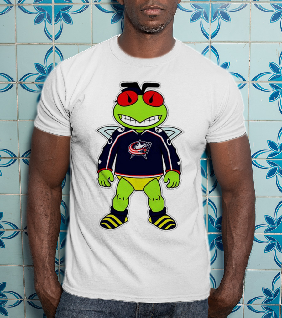 Columbus Blue Jackets Stinger Mascot Character In Team Jersey T-Shirt