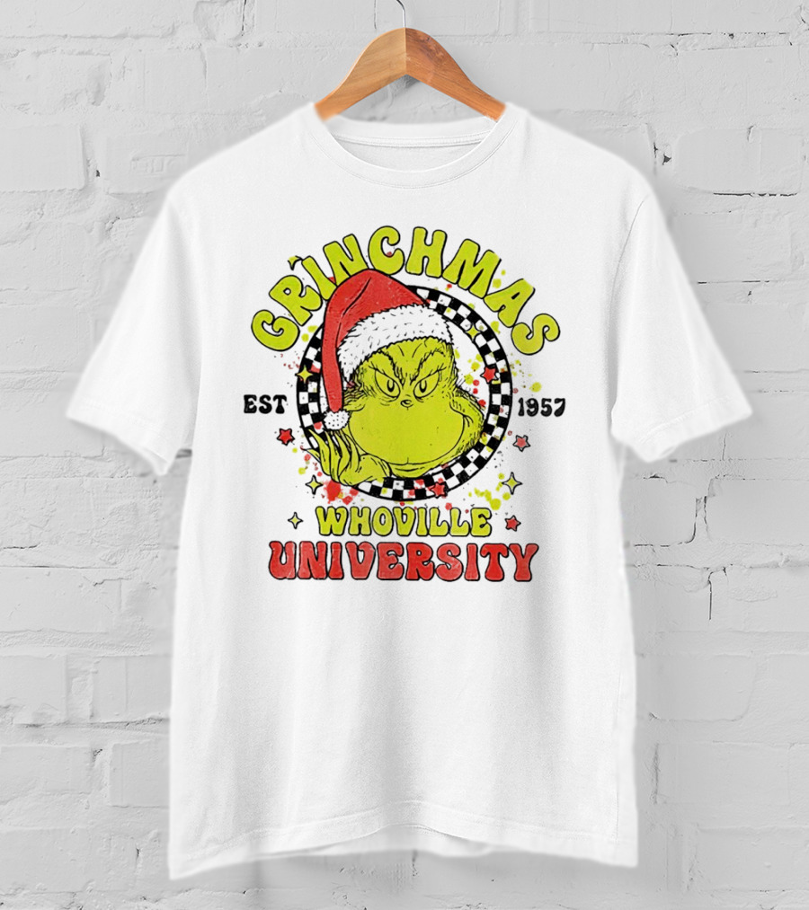 Grinchmas Whoville University Est 1957 Christmas Grinch Santa Hat T-Shirt