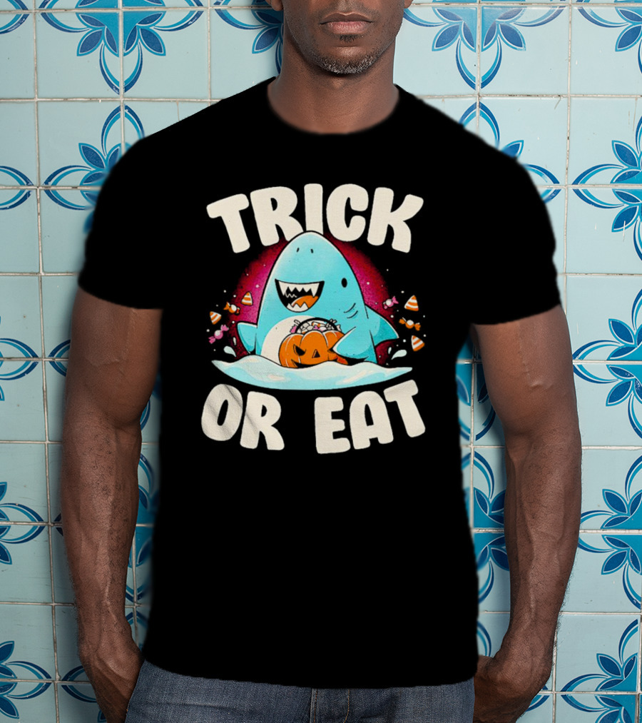 Trick Or Eat Shark Halloween Pumpkin Candy T-Shirt