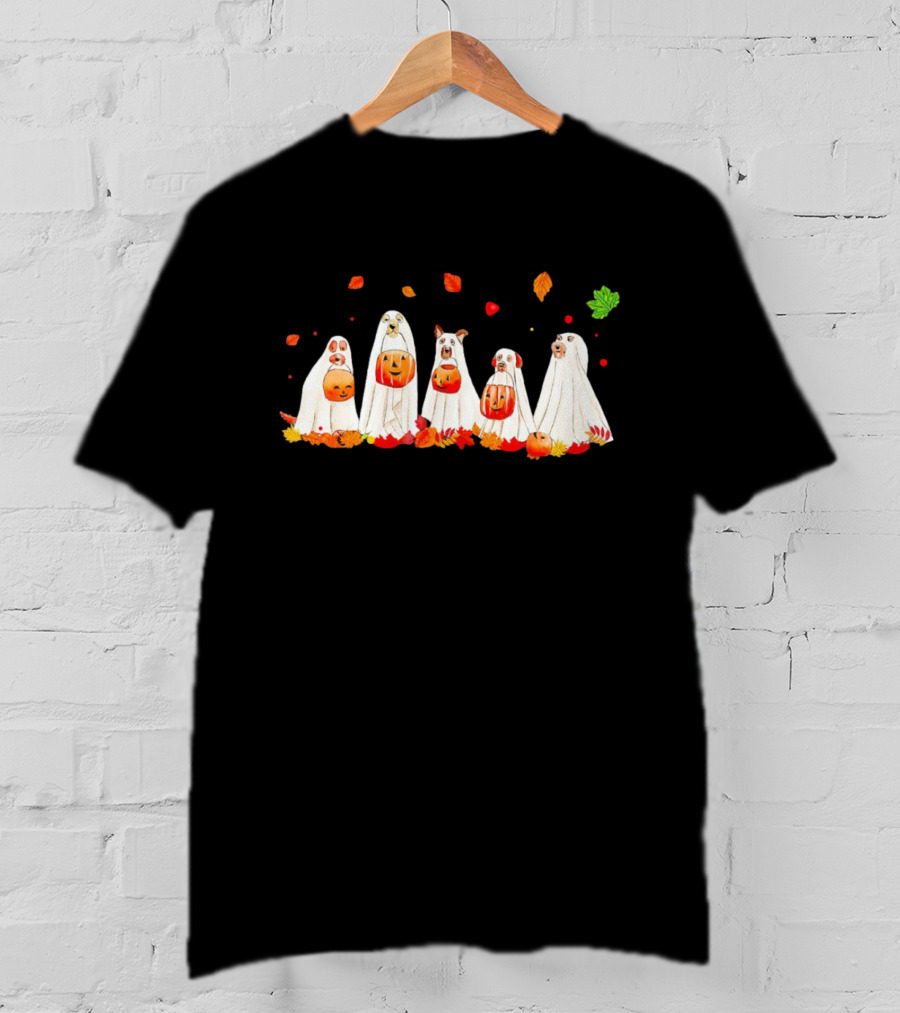 Ghost Dogs Halloween Pumpkin Party With Autumn Leaves T-Shirt