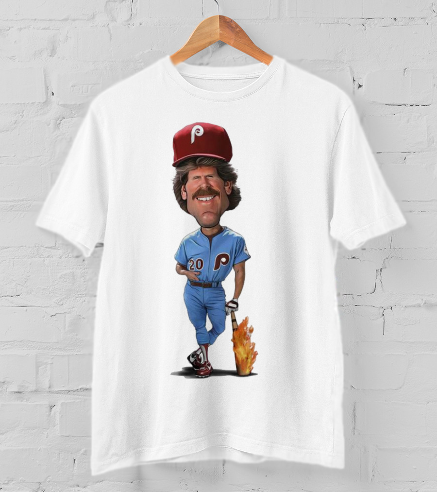 Mike Schmidt Number 20 Philadelphia Phillies Caricature With Flaming Bat T-Shirt