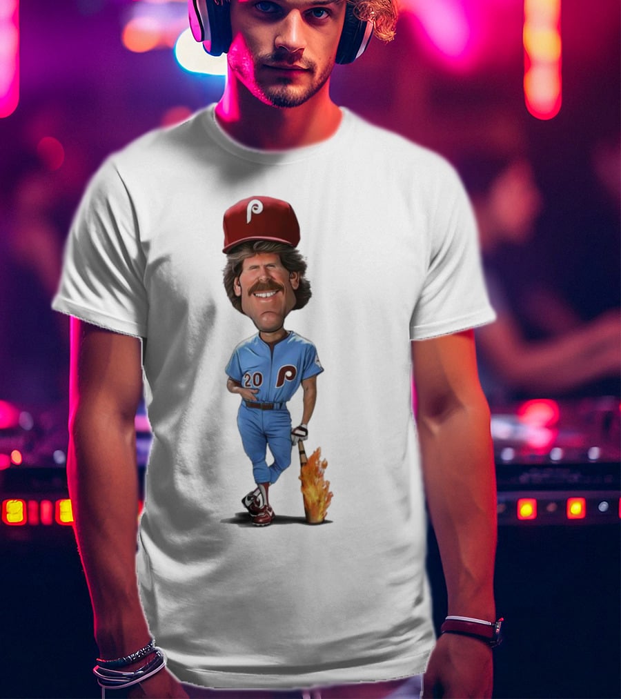 Mike Schmidt Number 20 Philadelphia Phillies Caricature With Flaming Bat T-Shirt