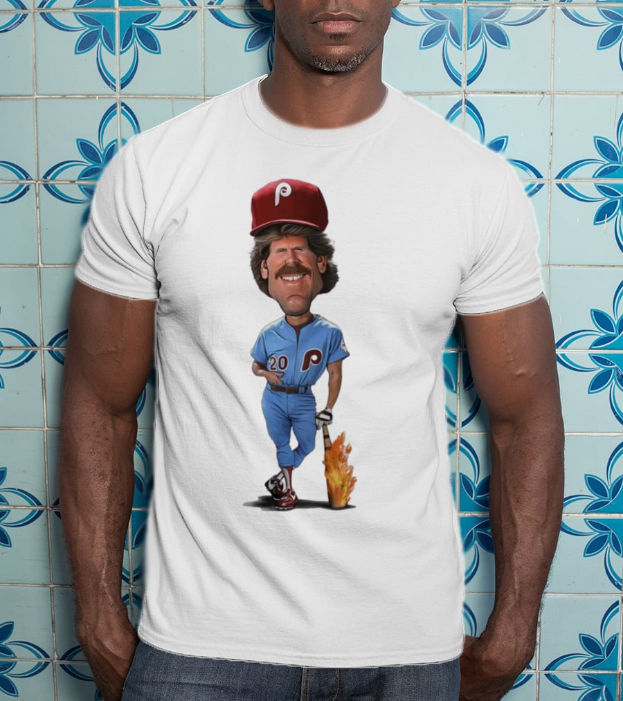 Mike Schmidt Number 20 Philadelphia Phillies Caricature With Flaming Bat T-Shirt