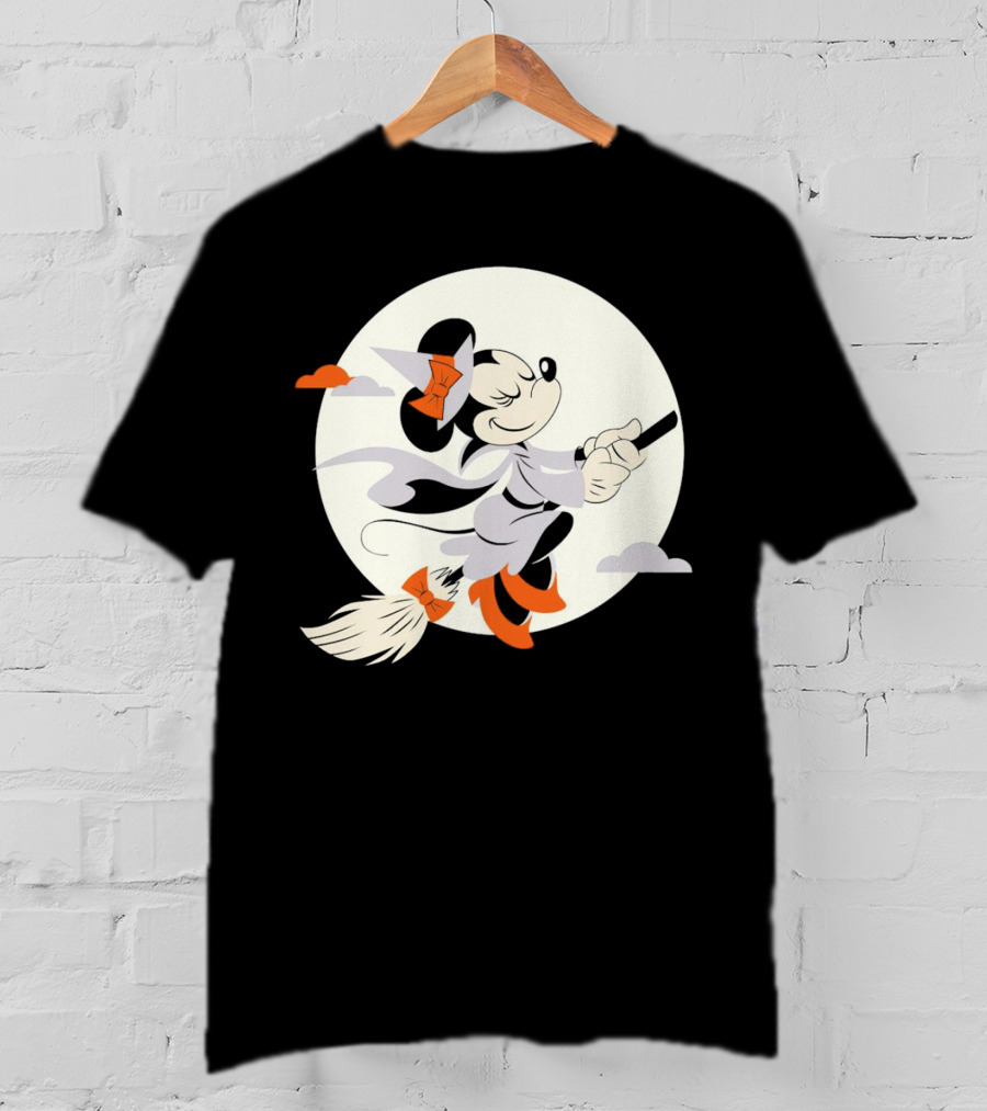 Minnie Mouse Witch Flying On Broomstick Halloween Full Moon T-Shirt