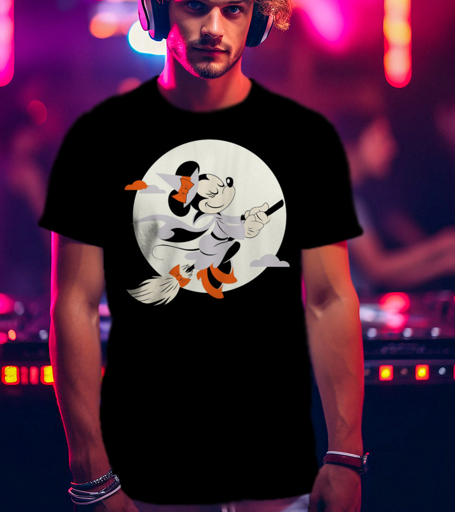 Minnie Mouse Witch Flying On Broomstick Halloween Full Moon T-Shirt