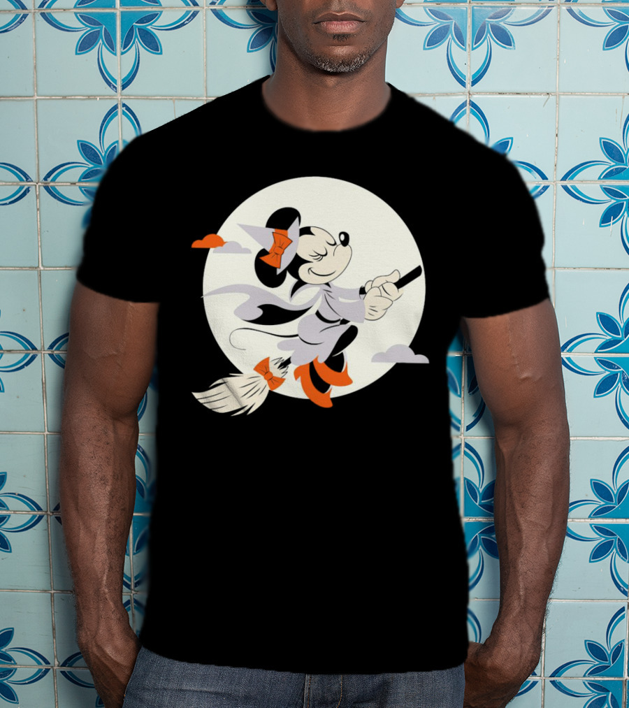 Minnie Mouse Witch Flying On Broomstick Halloween Full Moon T-Shirt