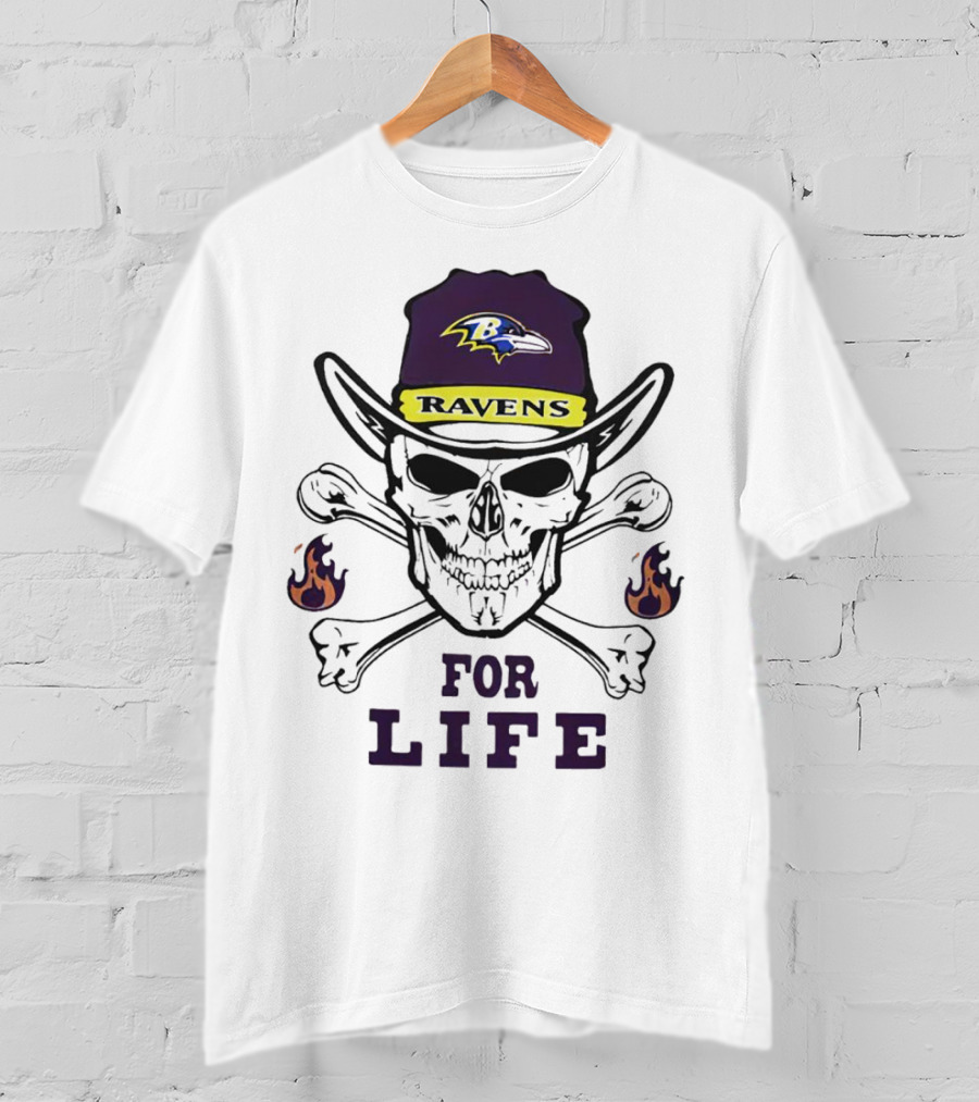 Baltimore Ravens Skull With Flames For Life T-Shirt