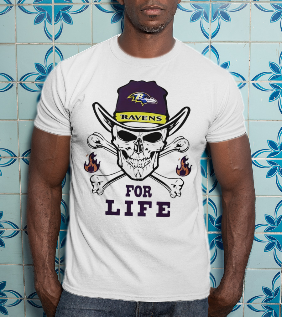 Baltimore Ravens Skull With Flames For Life T-Shirt
