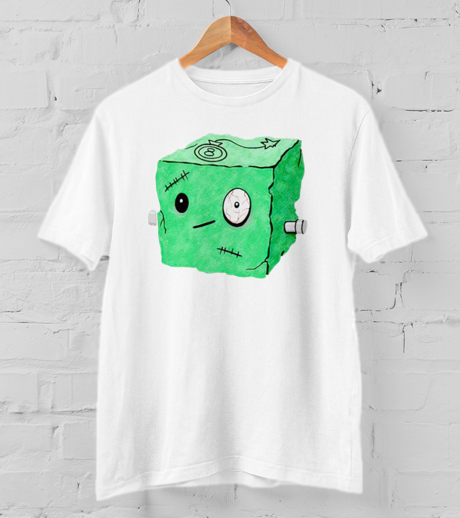Franken Frankie Eight-Ball Cube Monster Stitched Green Block T-Shirt