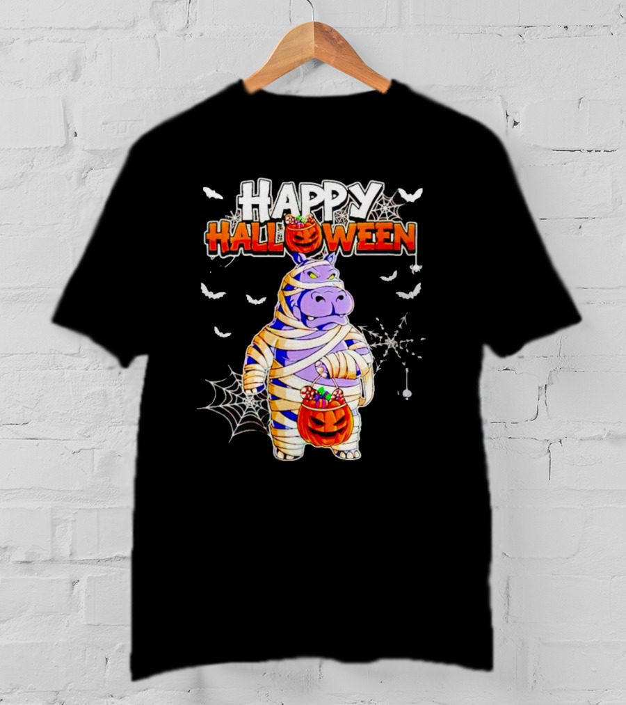 Hippopotamus Mummy With Pumpkin Candy Bucket Happy Halloween T-Shirt