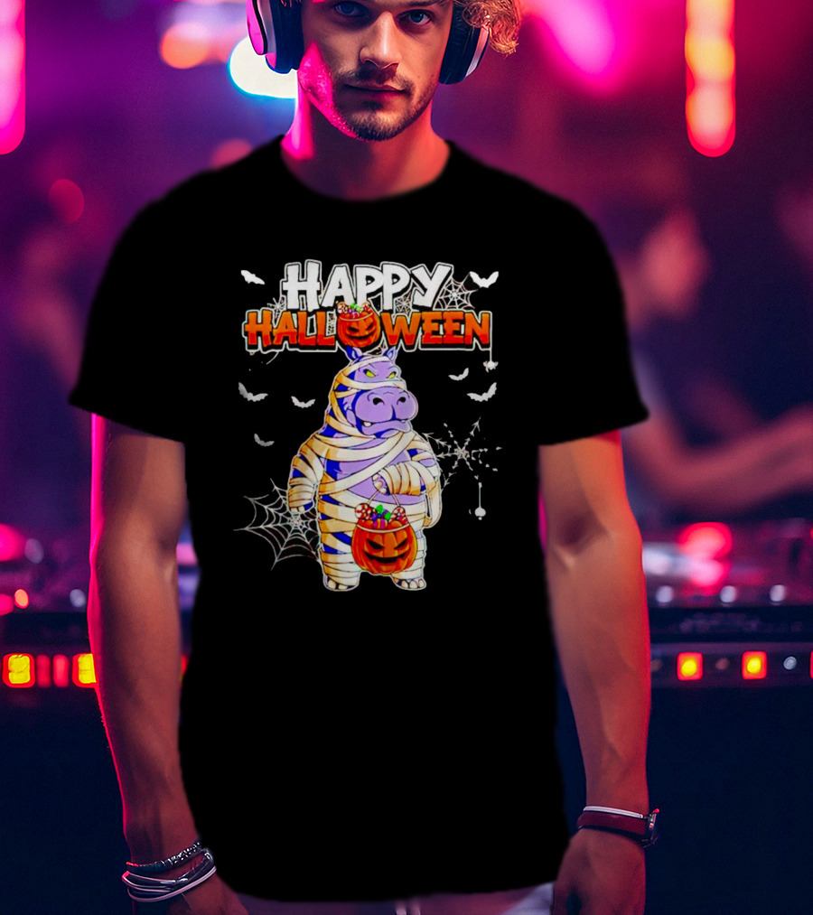 Hippopotamus Mummy With Pumpkin Candy Bucket Happy Halloween T-Shirt
