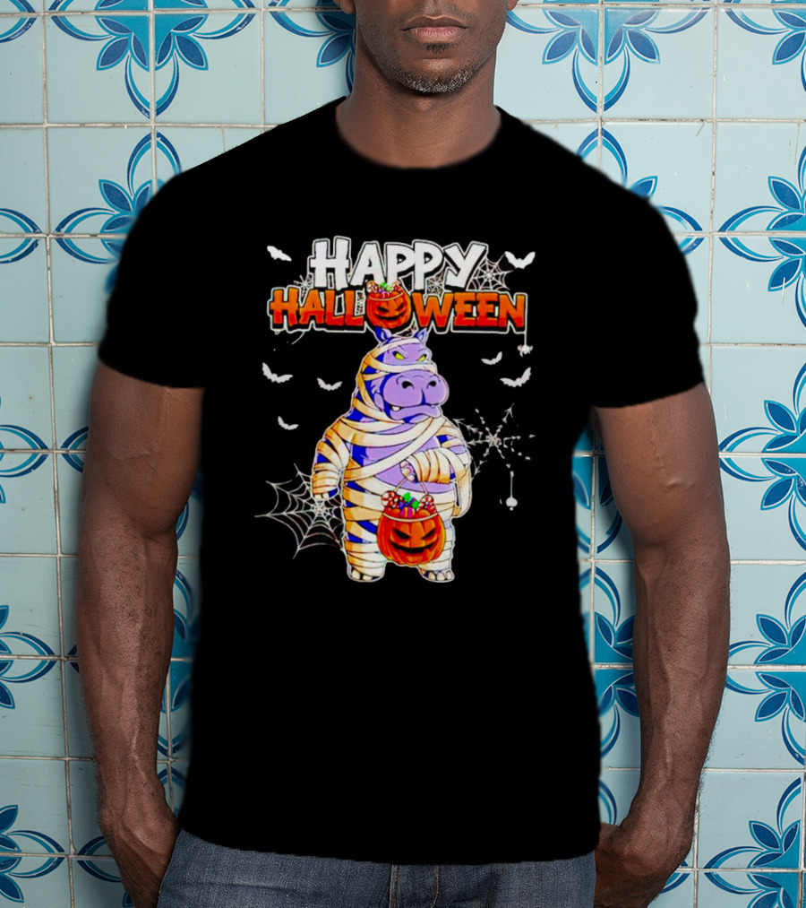 Hippopotamus Mummy With Pumpkin Candy Bucket Happy Halloween T-Shirt