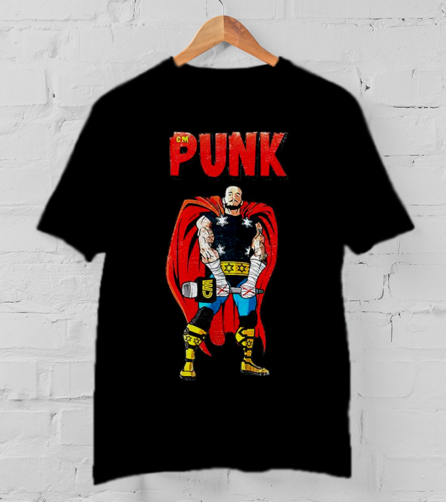 CM Punk Superhero Cape And Thunder Hammer Pose T-Shirt