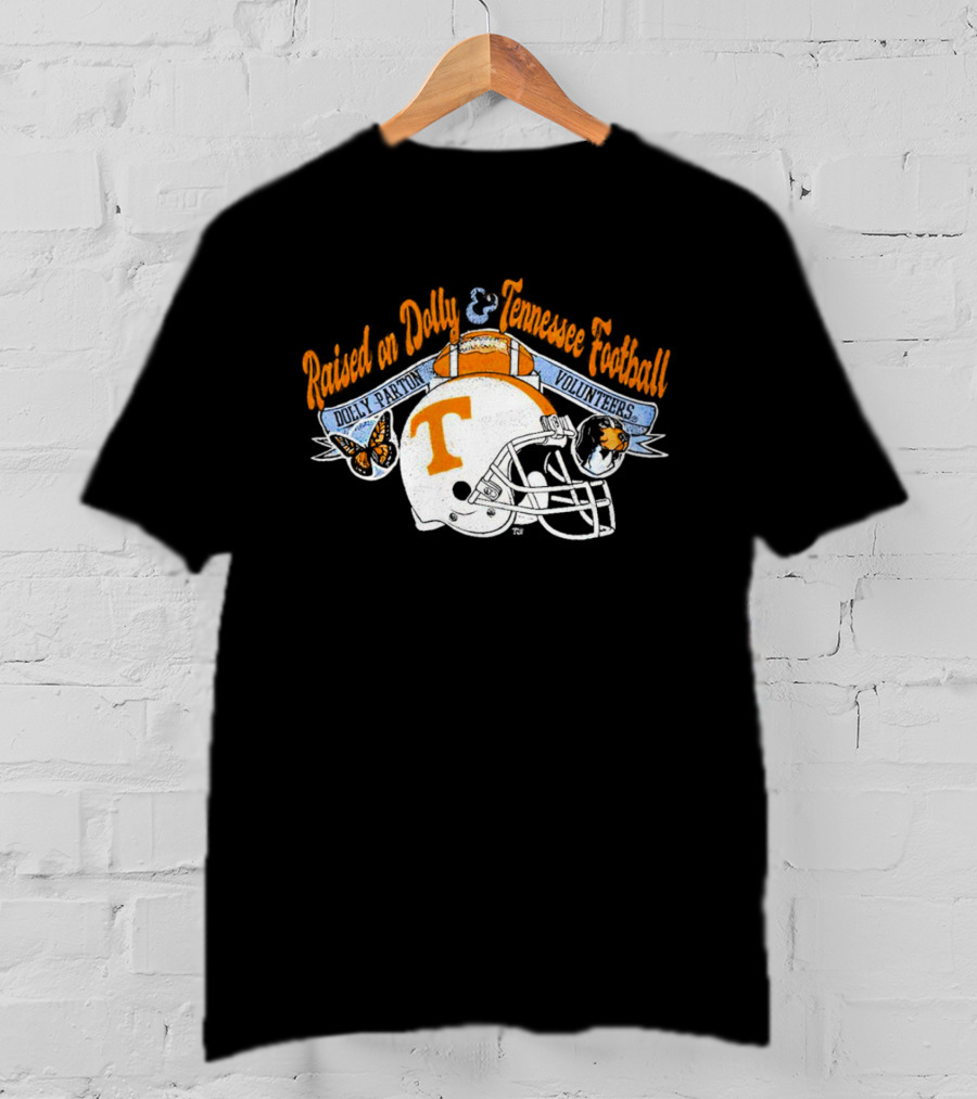 Raised On Dolly Parton And Tennessee Volunteers Football Helmet Butterfly Dog T-Shirt