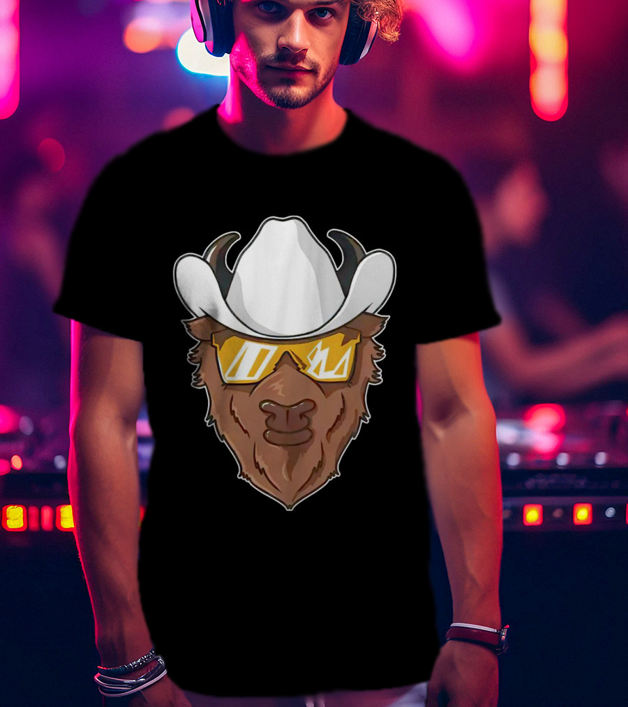 Cartoon Buffalo Wearing Cowboy Hats And Sunglasses T-Shirt