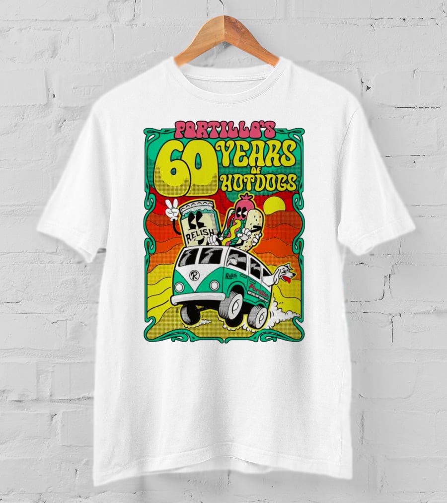 Portillo’s 60 Years Of Hotdogs Relish Relish Road Trip Cartoon Van Adventure T-Shirt