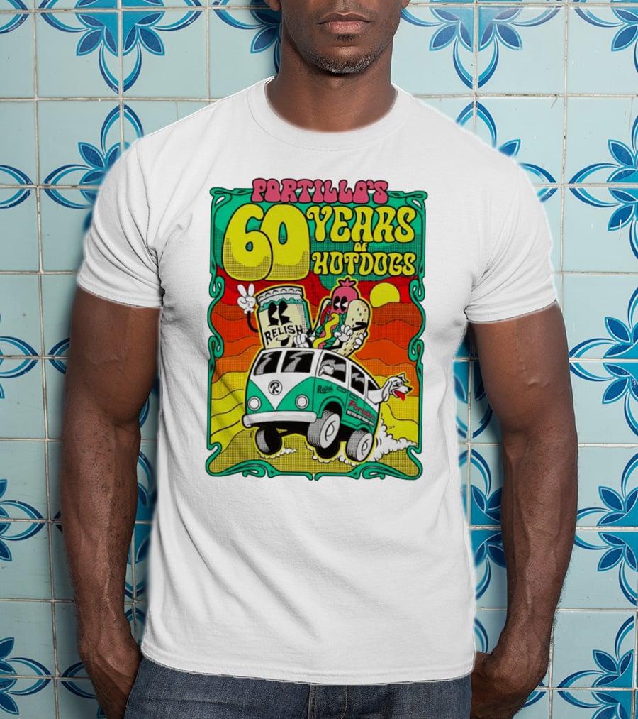 Portillo’s 60 Years Of Hotdogs Relish Relish Road Trip Cartoon Van Adventure T-Shirt