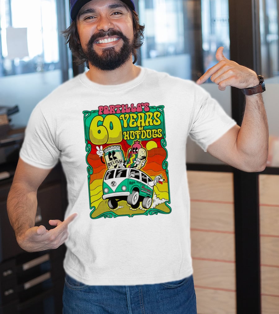 Portillo’s 60 Years Of Hotdogs Relish Relish Road Trip Cartoon Van Adventure T-Shirt