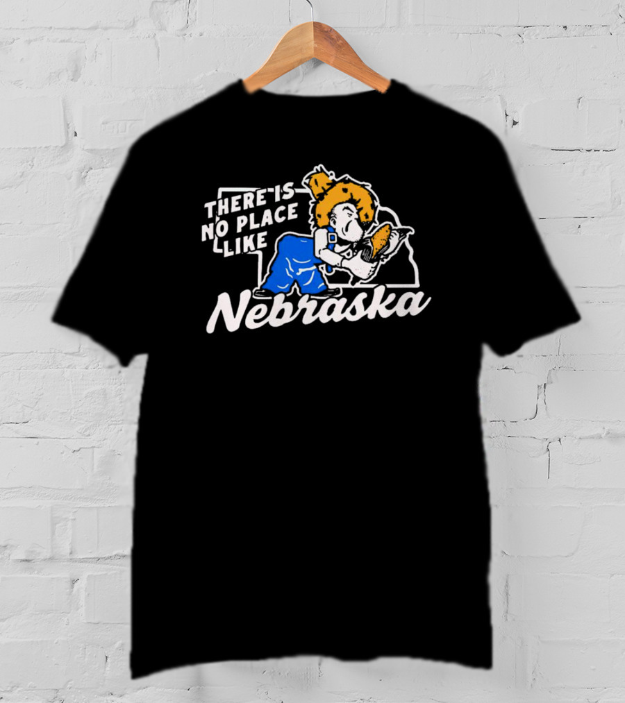 There Is No Place Like Nebraska Cornhuskers Farmer Mascot Eating Corn T-Shirt