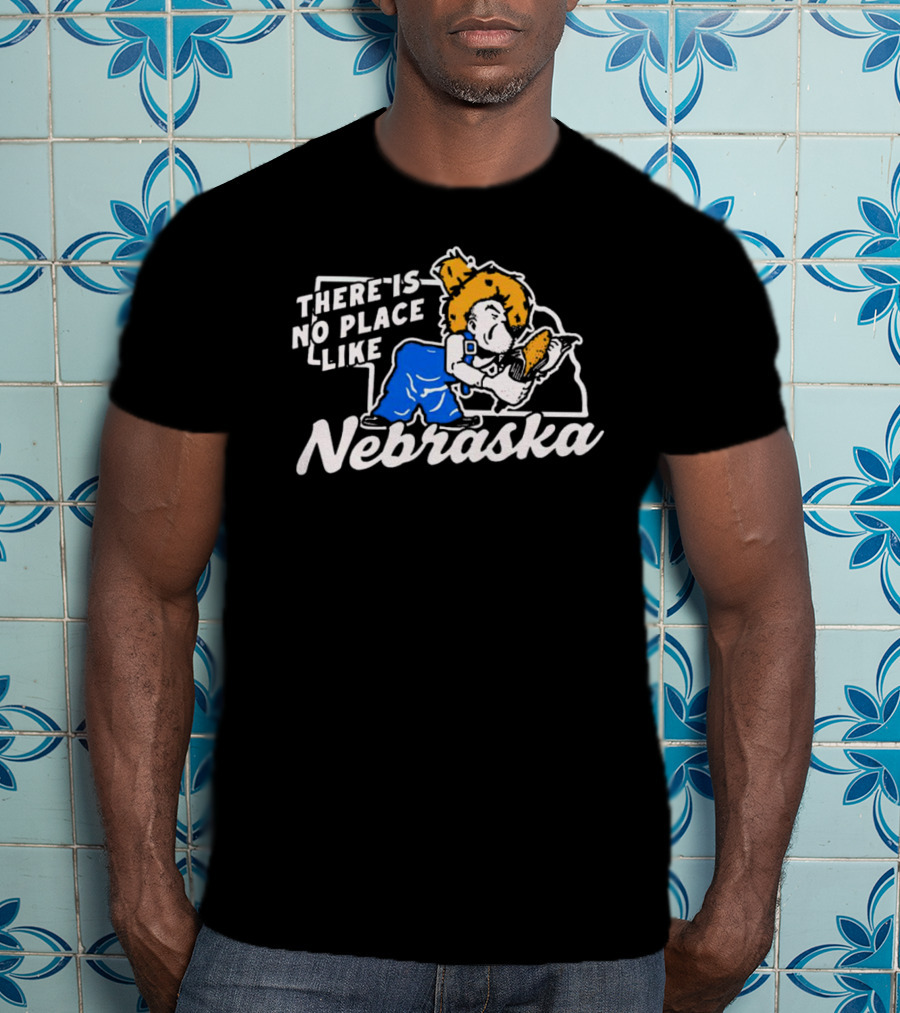 There Is No Place Like Nebraska Cornhuskers Farmer Mascot Eating Corn T-Shirt