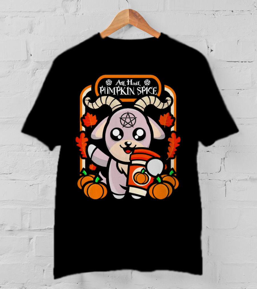 All Hail Pumpkin Spice Halloween Goat With Coffee, Pumpkins, And Pentagram T-Shirt