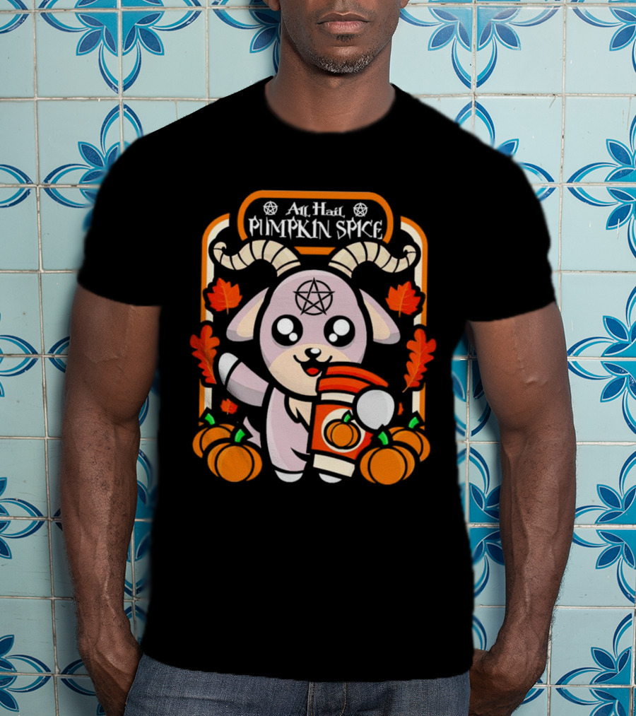 All Hail Pumpkin Spice Halloween Goat With Coffee, Pumpkins, And Pentagram T-Shirt
