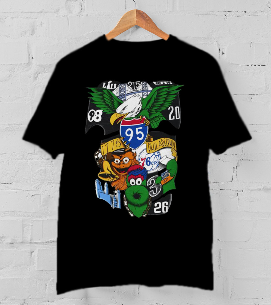 Philadelphia 76ers Eagles 76ers Mascots 1776 I-95 LIII 93 20 3 26 T-Shirt