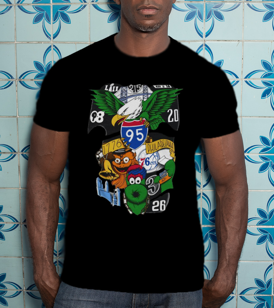 Philadelphia 76ers Eagles 76ers Mascots 1776 I-95 LIII 93 20 3 26 T-Shirt
