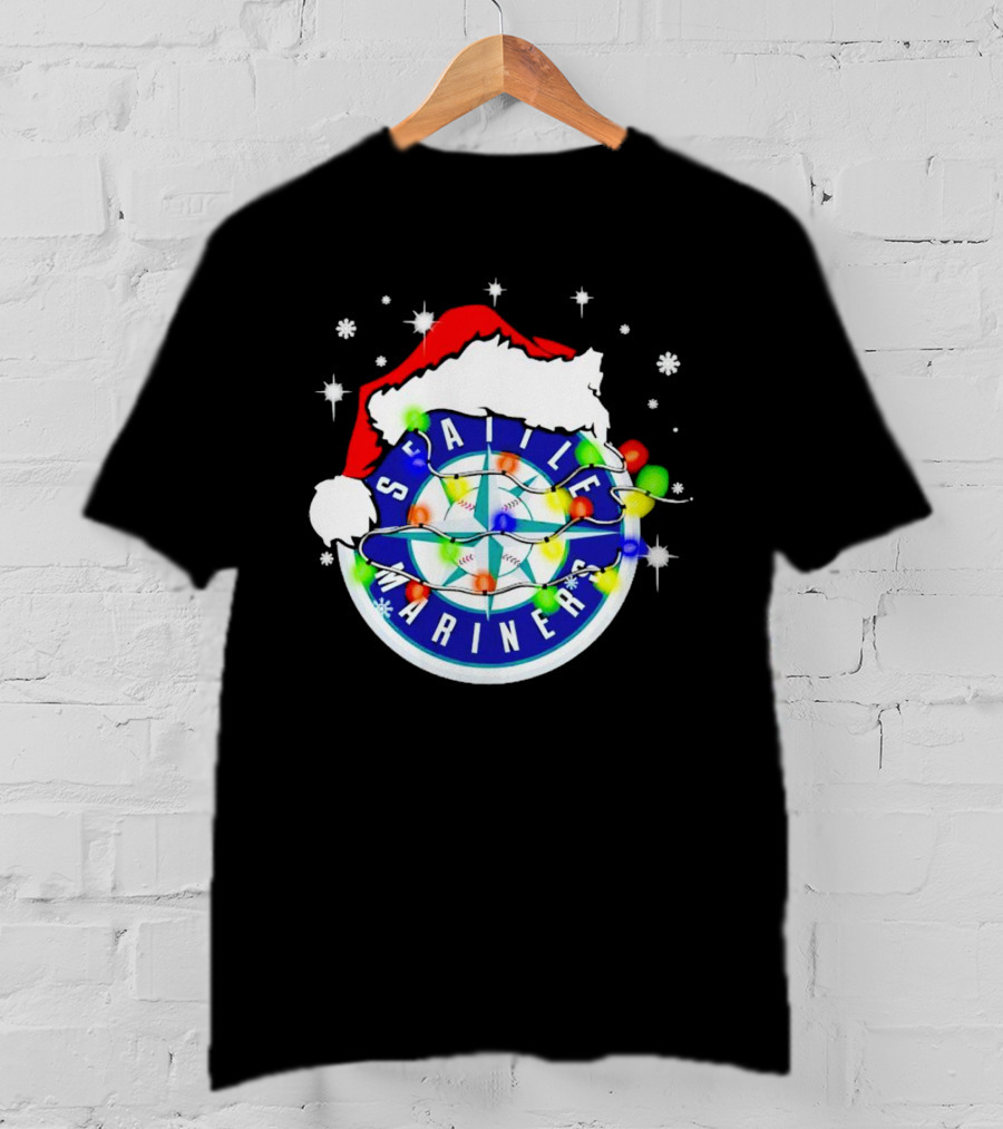 Santa Hat Seattle Mariners Christmas Lights Snowflakes T-Shirt