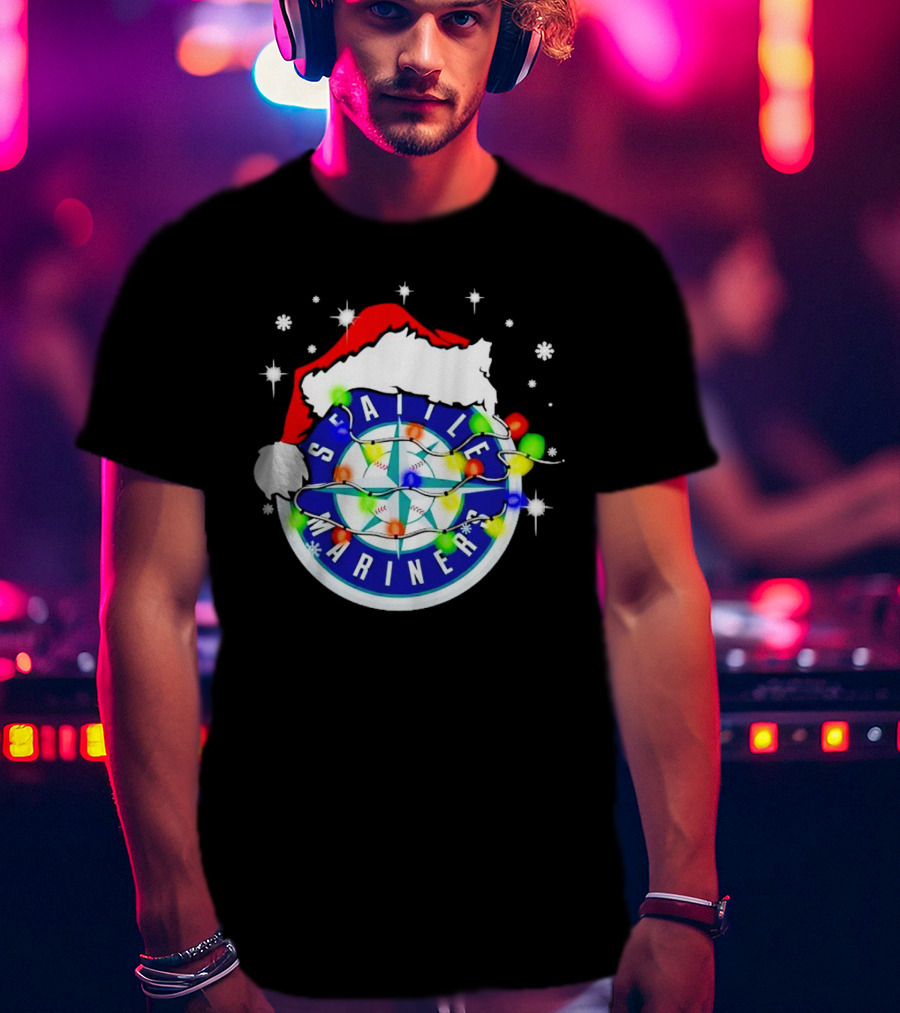 Santa Hat Seattle Mariners Christmas Lights Snowflakes T-Shirt