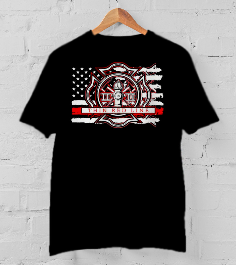 Thin Red Line USA Flag Firefighter Maltese Cross Hydrant T-Shirt