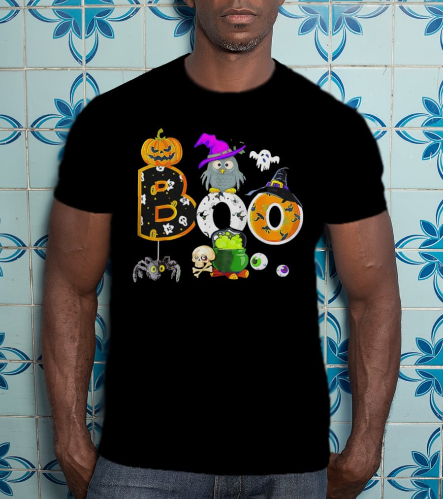 Boo Pumpkin Ghost Skull Owl Spider Witch Hat Cauldron Halloween T-Shirt