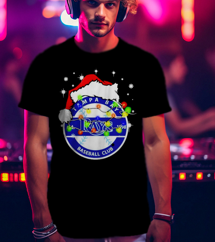 Tampa Bay Rays Baseball Club Santa Hat Christmas Lights T-Shirt