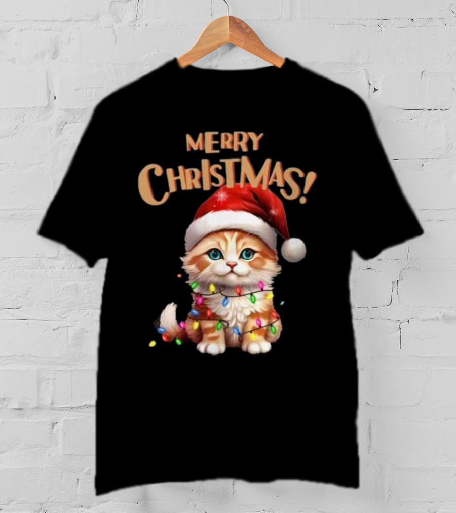 Merry Christmas Cat Santa With Lights T-Shirt